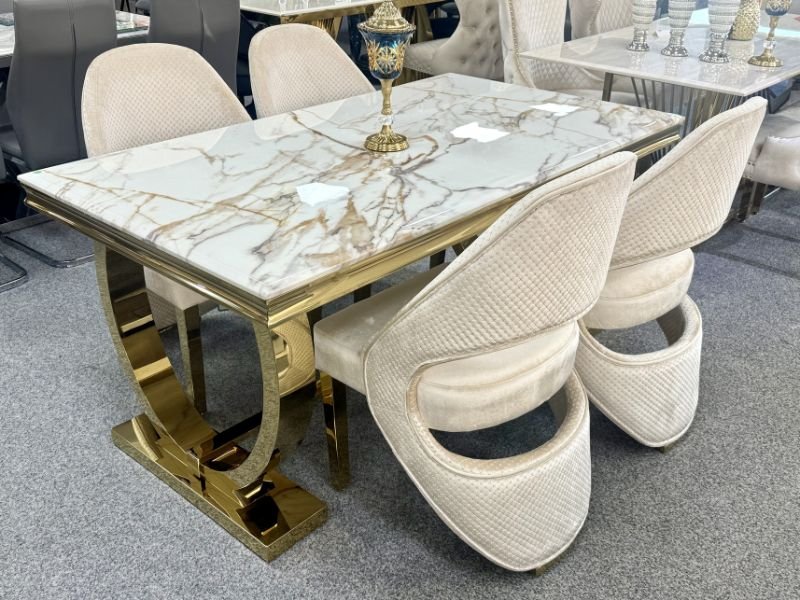 ariana marble dining table w160cm x d90cm x h75cm, white cream & gold
