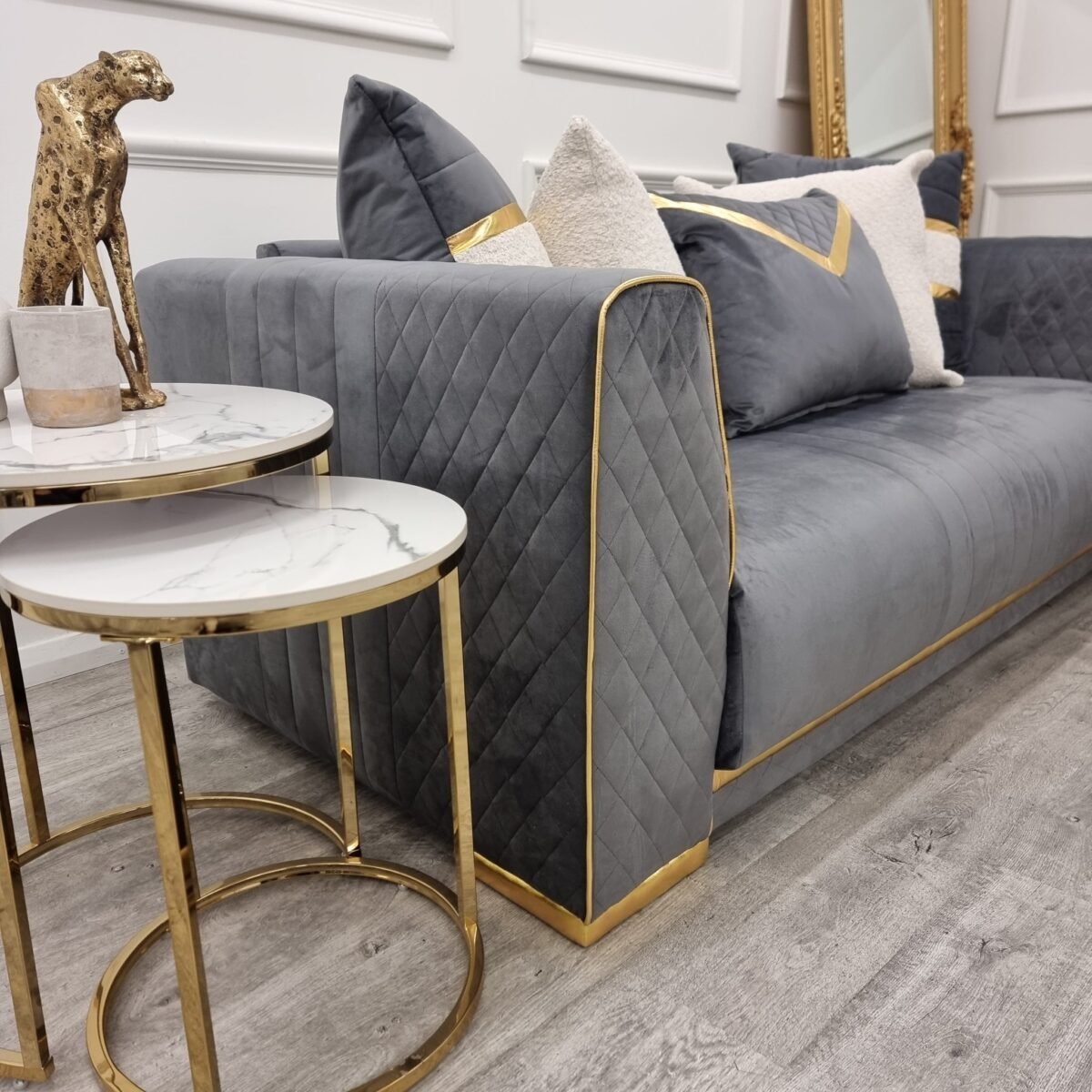 cato nest of 2 tall gold end tables with polar white sintered stone tops