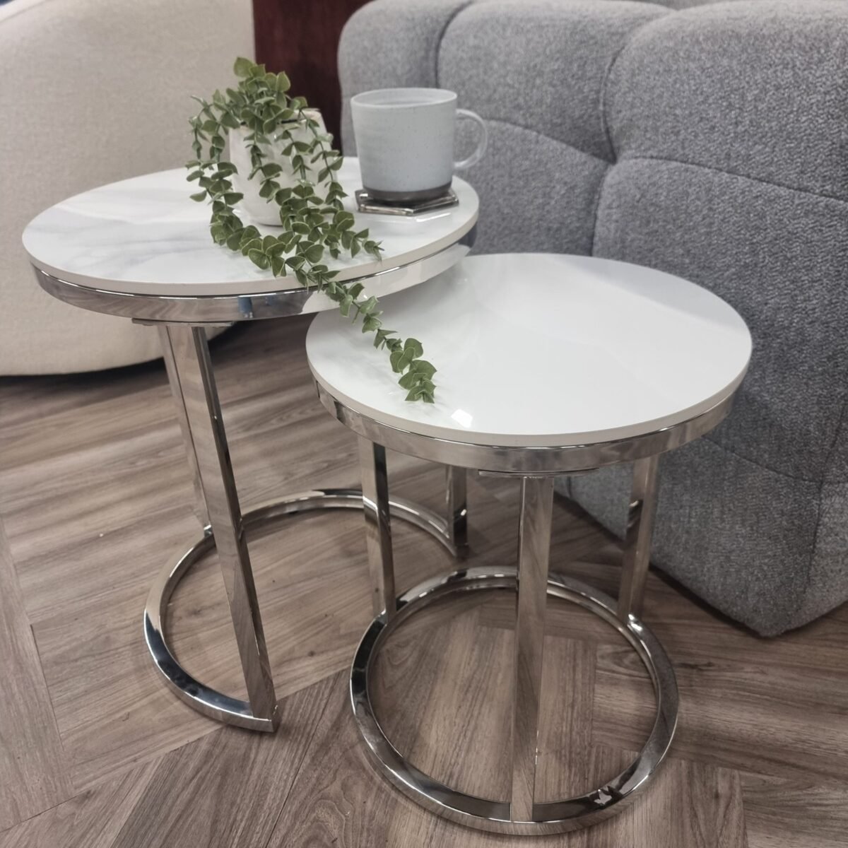 Cato Nest of 2 Tall Silver End Tables with Polar White Sintered Stone Top - Image 4