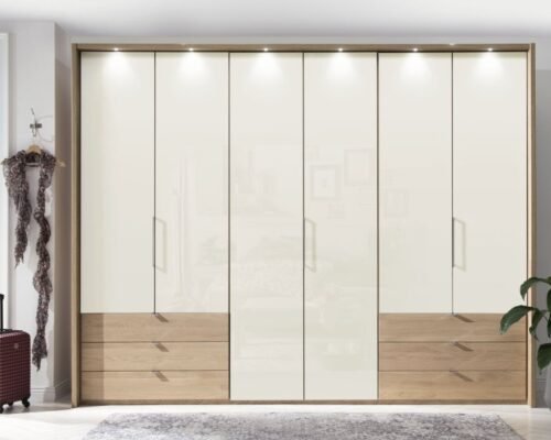 serena plus 300 cm 6 door 3 drawer left and right bi fold panorama wardrobe with champagne glass front