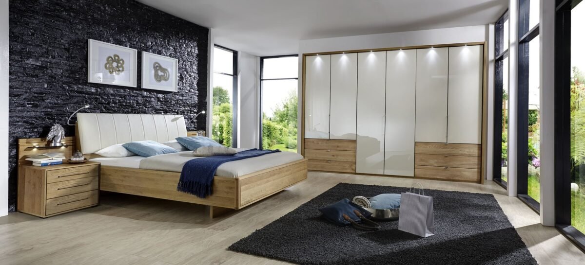serena plus 300 cm 6 door 3 drawer left and right bi fold panorama wardrobe with champagne glass front