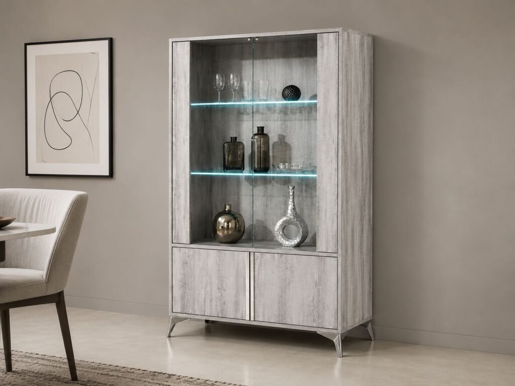 alexa light grey glossy 2 door vitrine