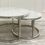 cato nest of 2 short silver coffee tables with polar white sintered stone tops