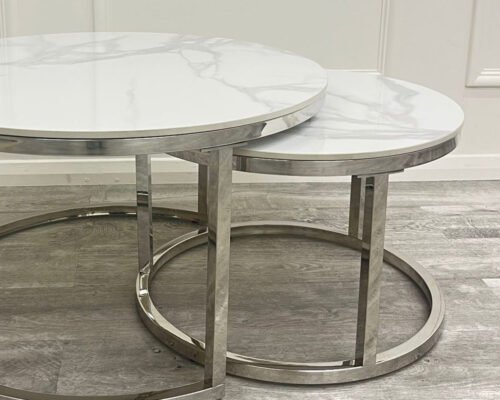 cato nest of 2 short silver coffee tables with polar white sintered stone tops