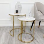 cato nest of 2 tall gold end tables with polar white sintered stone tops