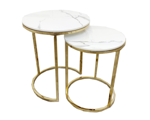 cato nest of 2 tall gold end tables with polar white sintered stone tops