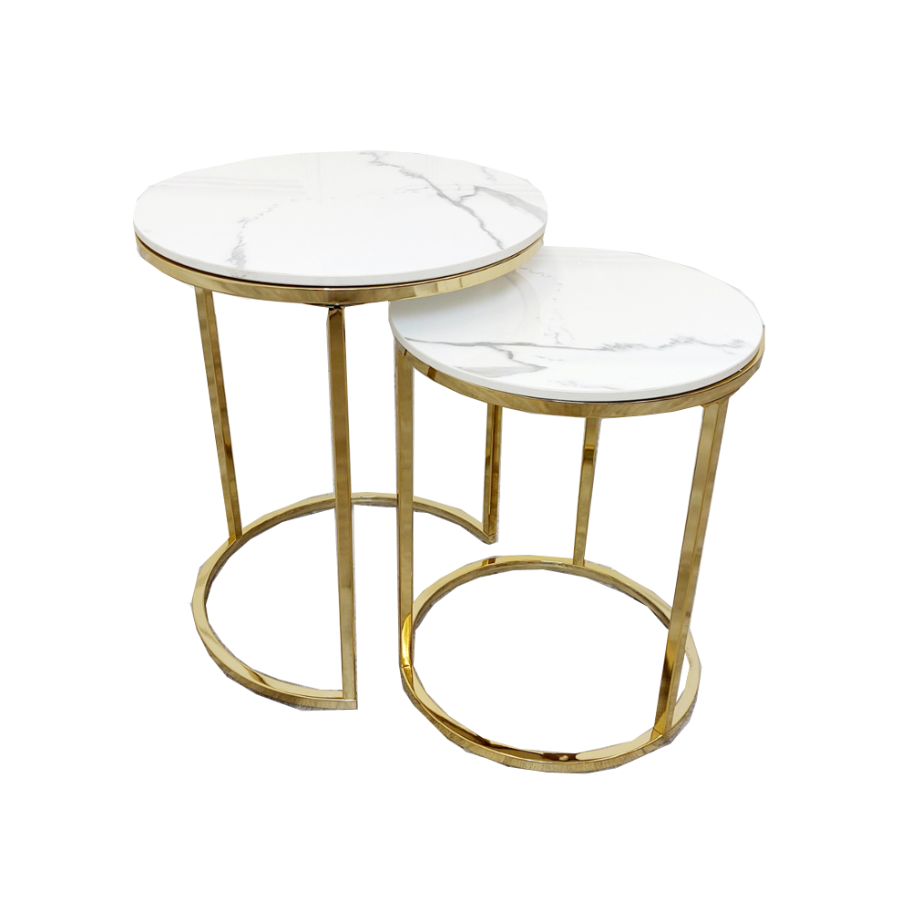 cato nest of 2 tall gold end tables with polar white sintered stone tops