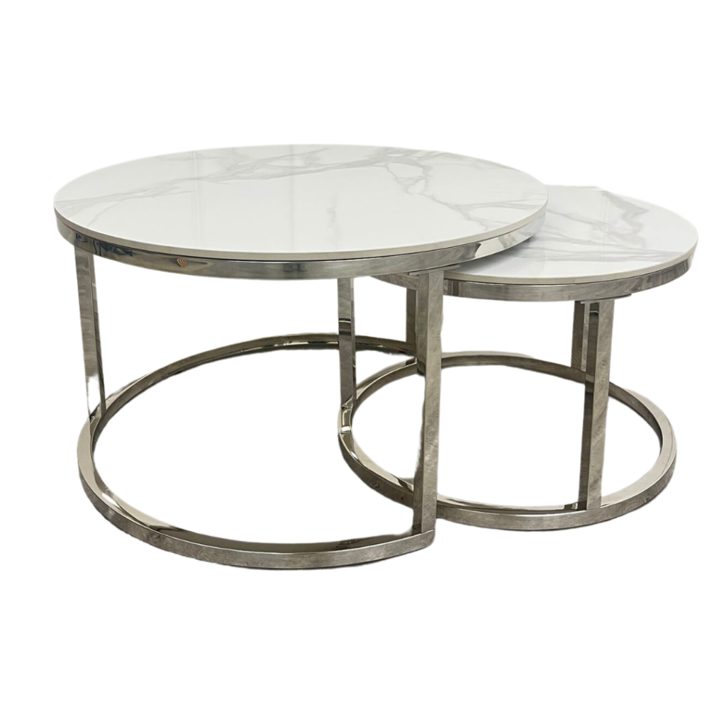 cato nest of 2 short silver coffee tables with polar white sintered stone tops