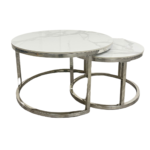cato nest of 2 short silver coffee tables with polar white sintered stone tops