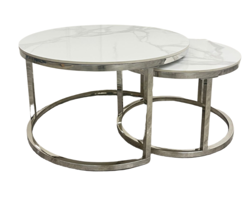 cato nest of 2 short silver coffee tables with polar white sintered stone tops