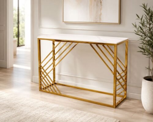 azure gold console table with polar white sintered top