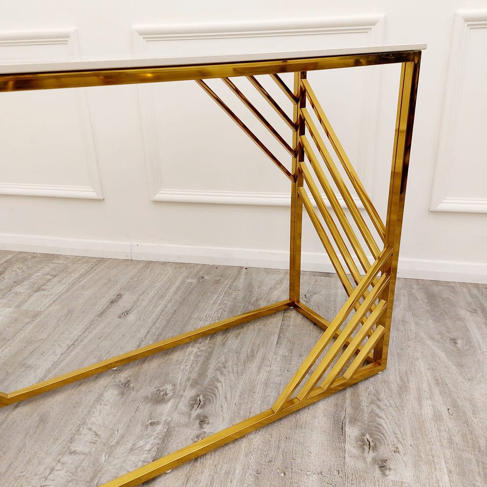 azure gold console table with polar white sintered top