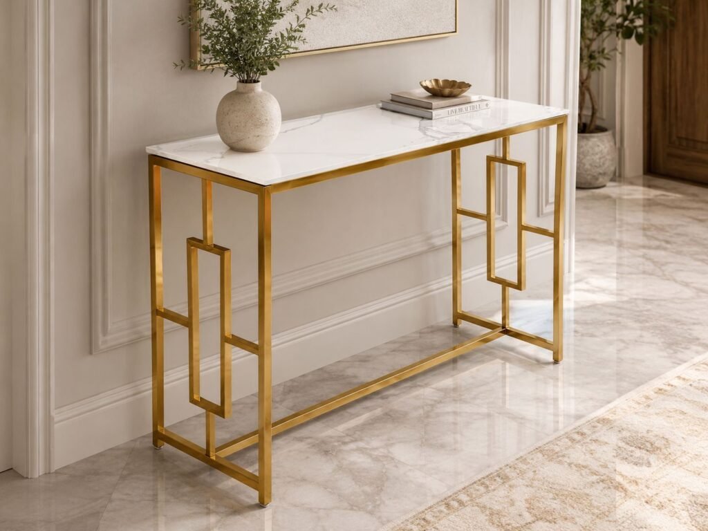 geo gold console table with polar white sintered top