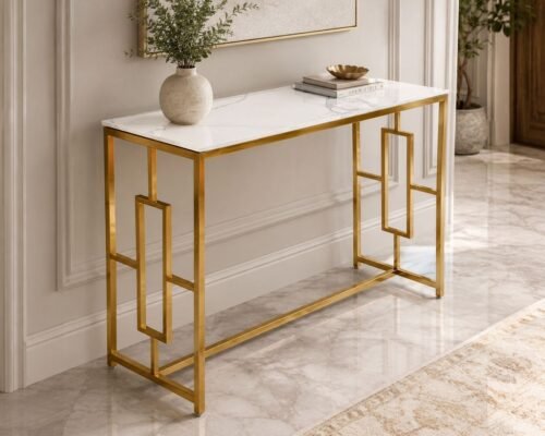 geo gold console table with polar white sintered top