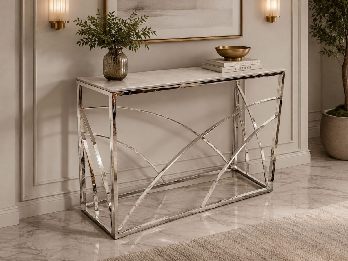 stella chrome console table with stomach ash grey sintered top