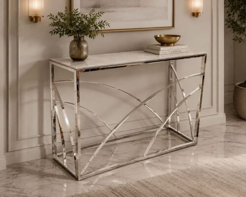 stella chrome console table with stomach ash grey sintered top