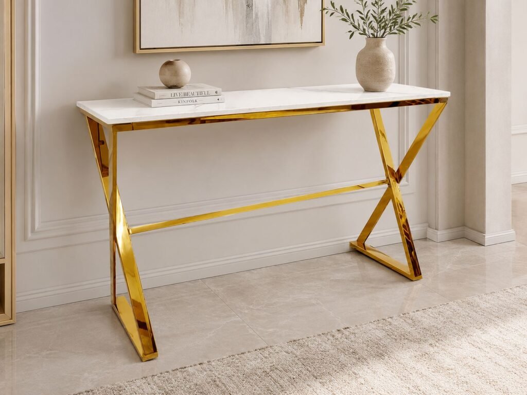 zion gold console table with polar white sintered top