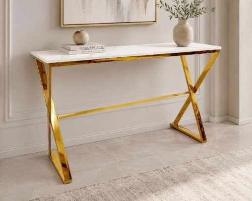 zion gold console table with polar white sintered top