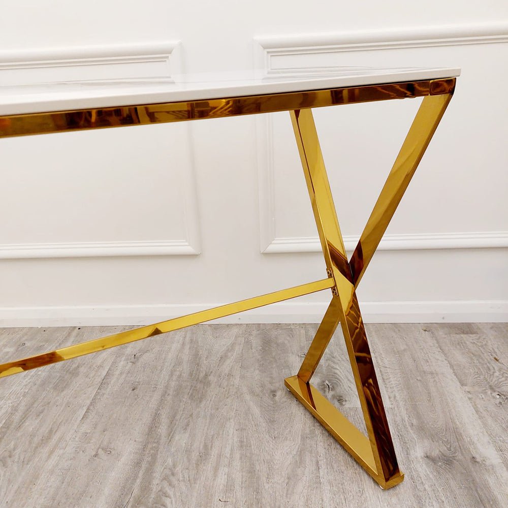 zion gold console table with polar white sintered top